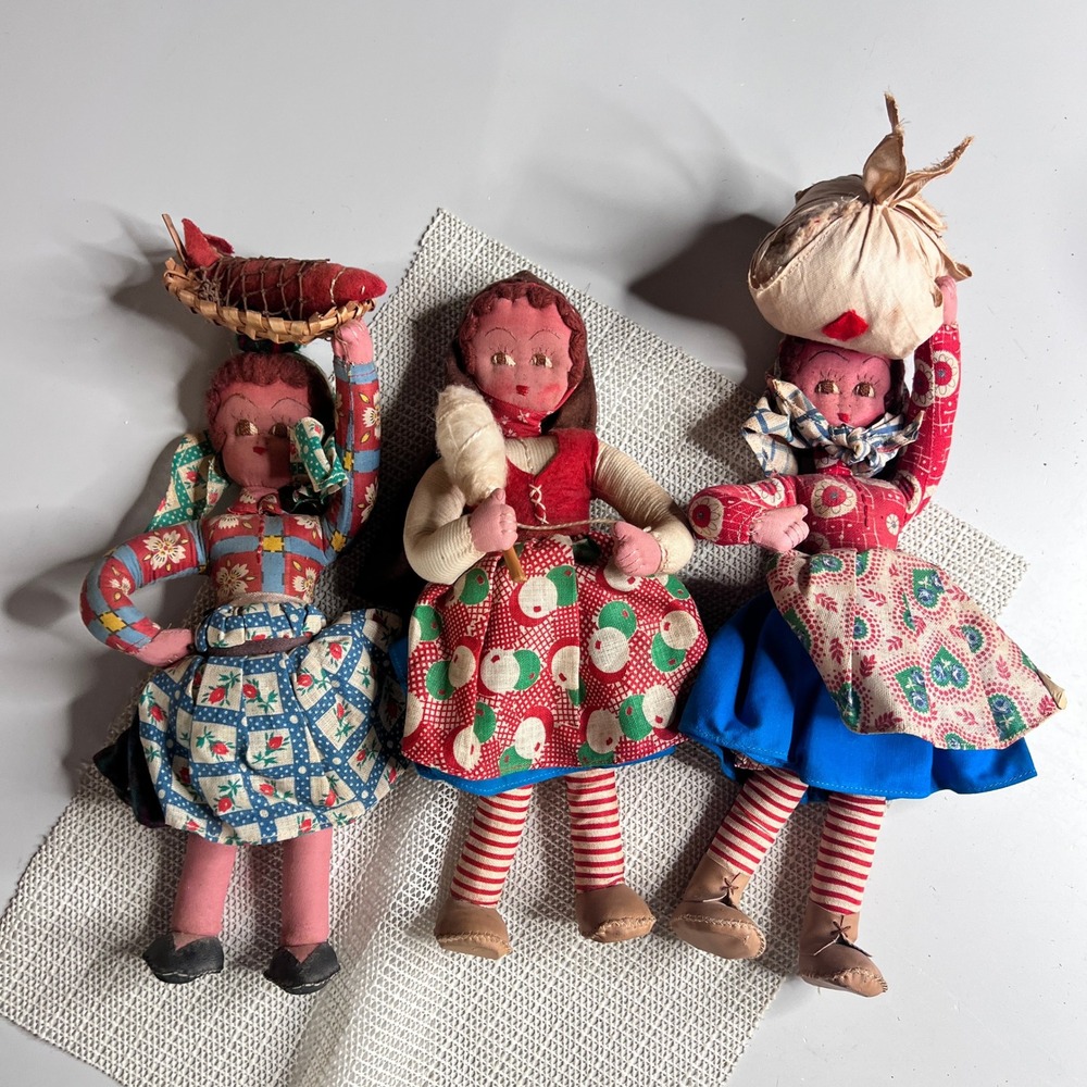 Vintage Handmade Cloth Folk Art Dolls Set‎ of 3 Ethnic Cultural Fabric Figures